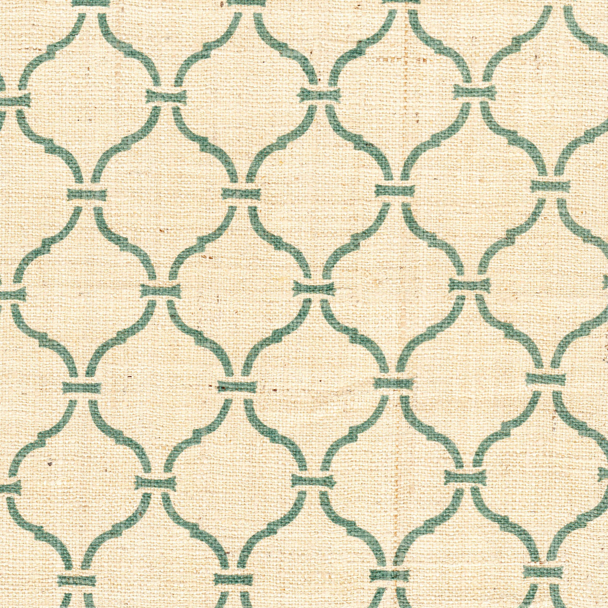 Detail of fabric in a curvilinear lattice print in green on a cream field.