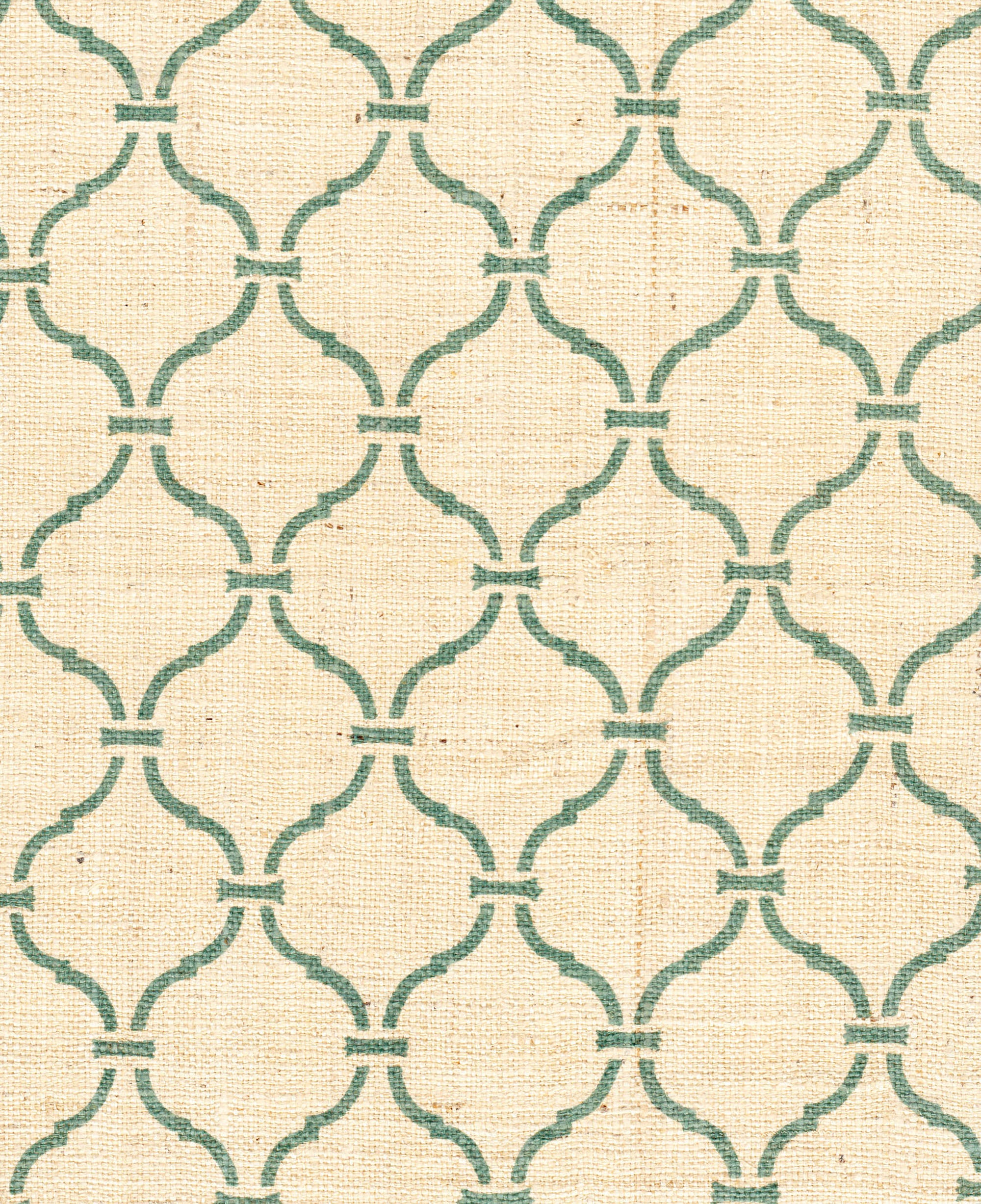 Detail of fabric in a curvilinear lattice print in green on a cream field.