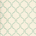 Detail of wallpaper in a curvilinear lattice print in turquoise on a cream field.