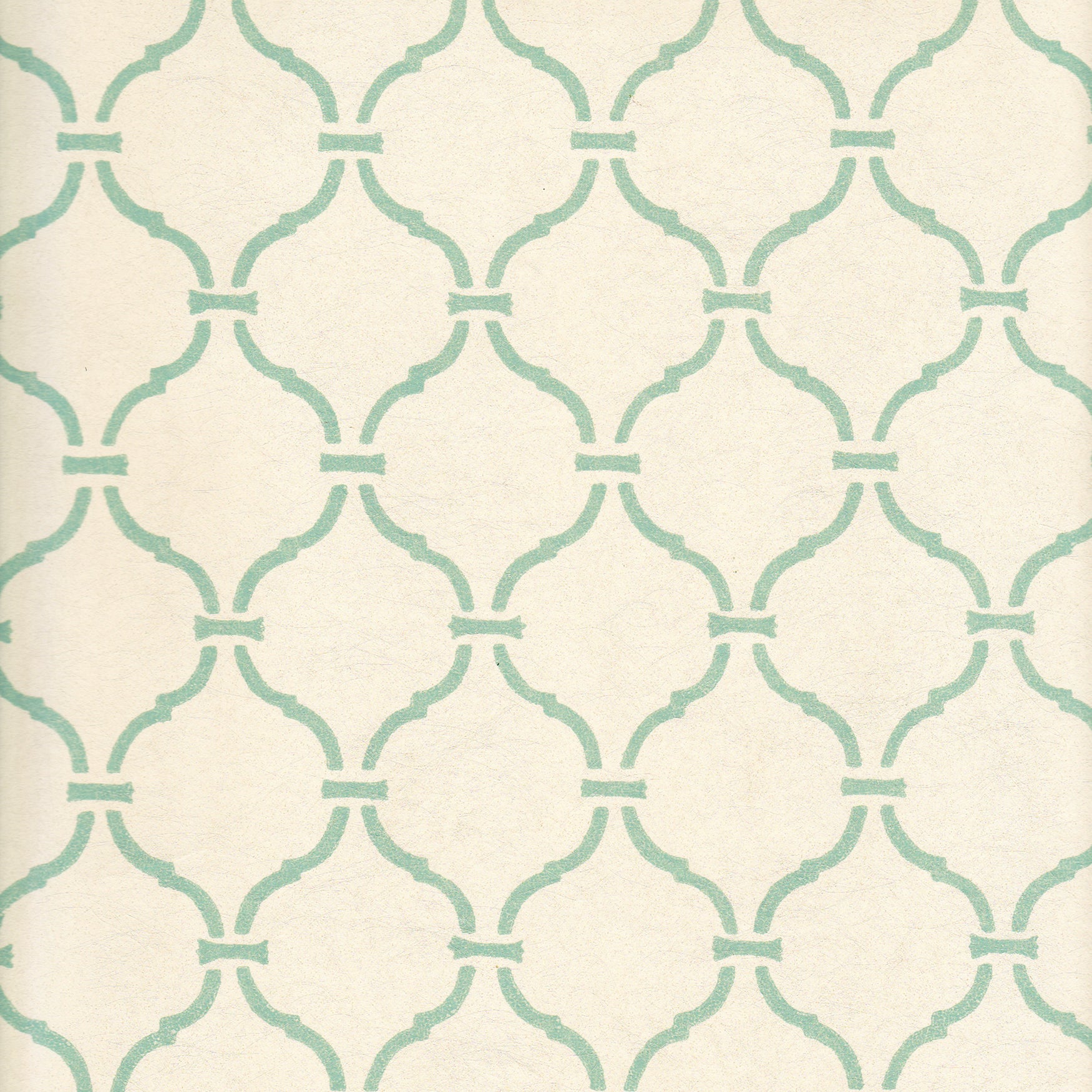 Detail of wallpaper in a curvilinear lattice print in turquoise on a cream field.