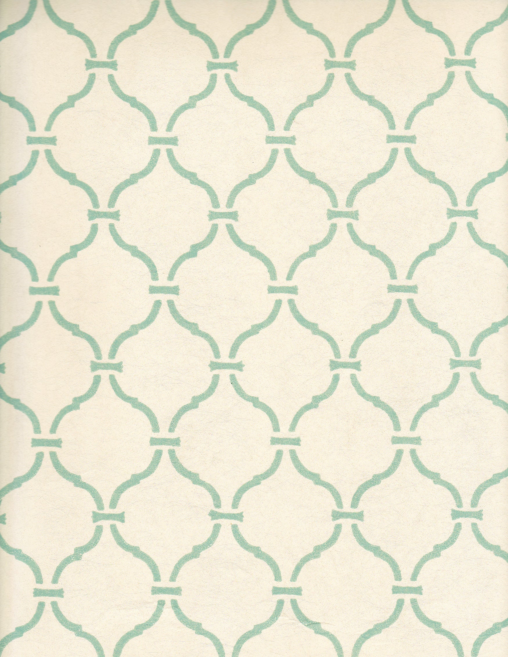 Detail of wallpaper in a curvilinear lattice print in turquoise on a cream field.