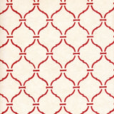 Detail of wallpaper in a curvilinear lattice print in red on a cream field.