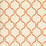 Detail of wallpaper in a curvilinear lattice print in orange on a cream field.