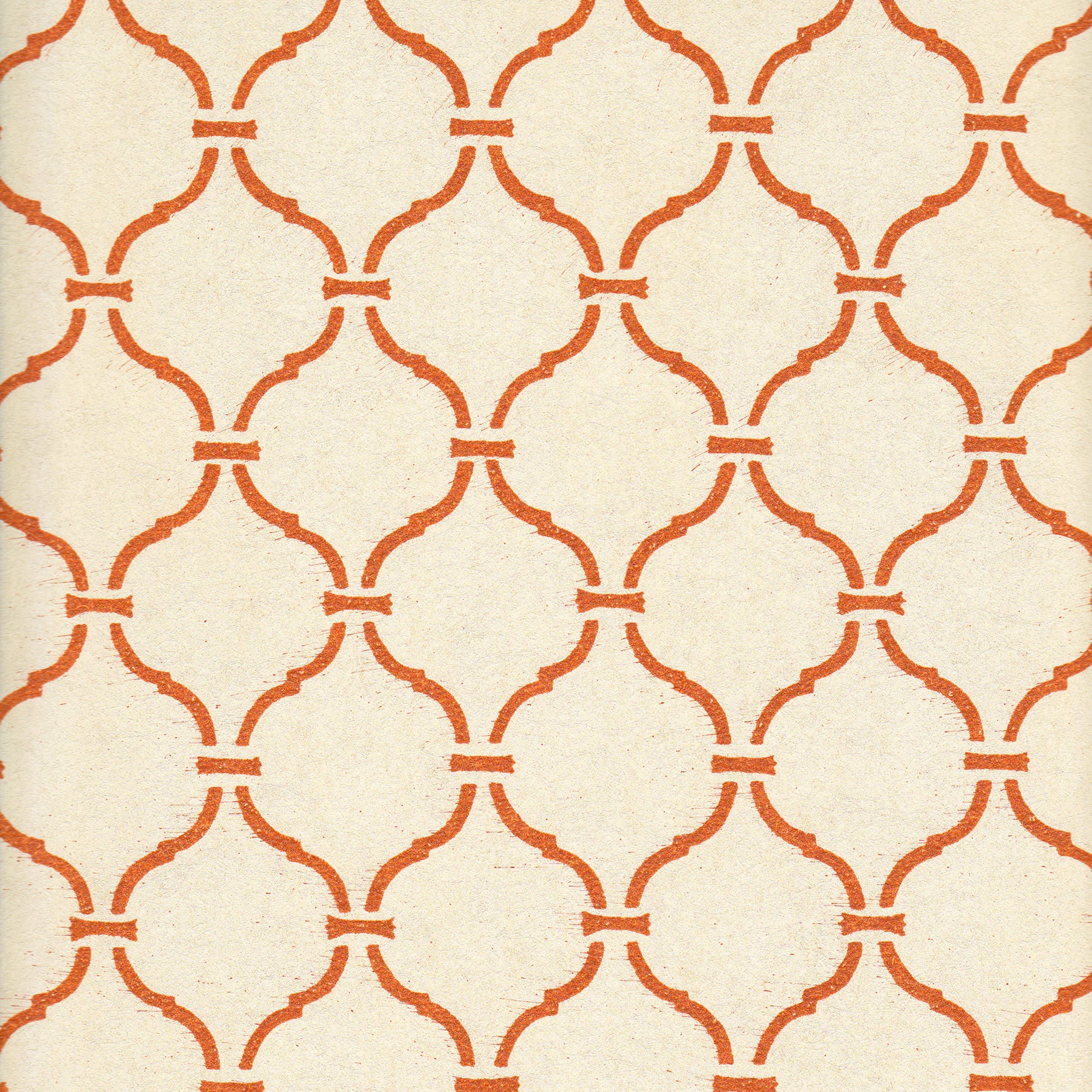 Detail of wallpaper in a curvilinear lattice print in orange on a cream field.