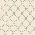 Detail of fabric in a curvilinear lattice print in turquoise on a cream field.