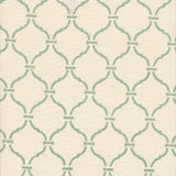 Detail of fabric in a curvilinear lattice print in turquoise on a cream field.