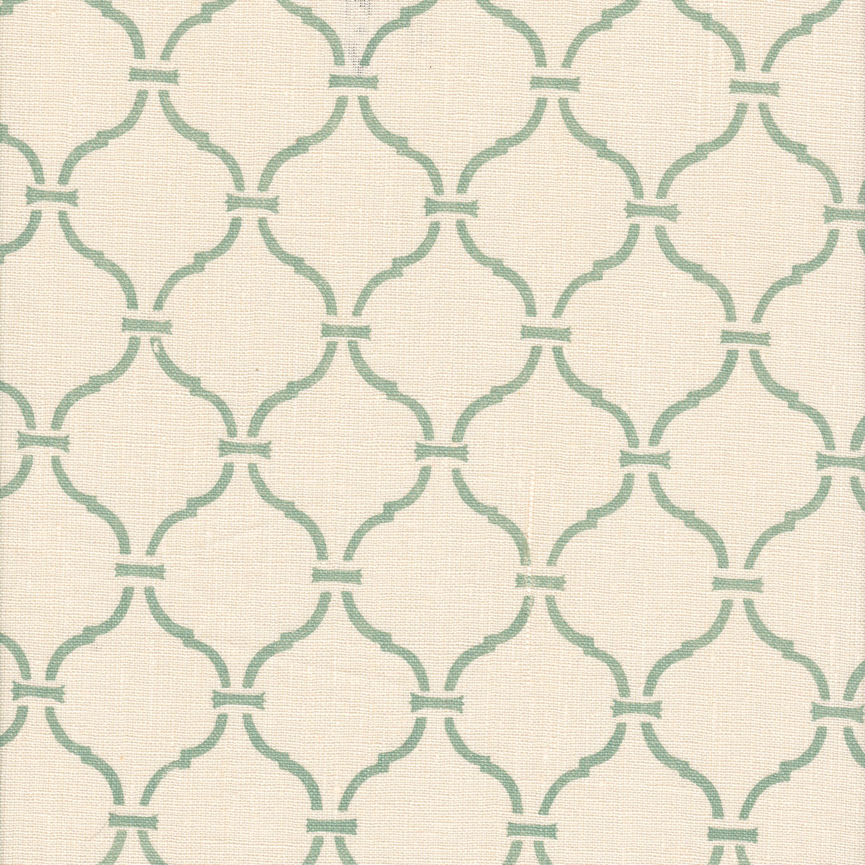 Detail of fabric in a curvilinear lattice print in turquoise on a cream field.