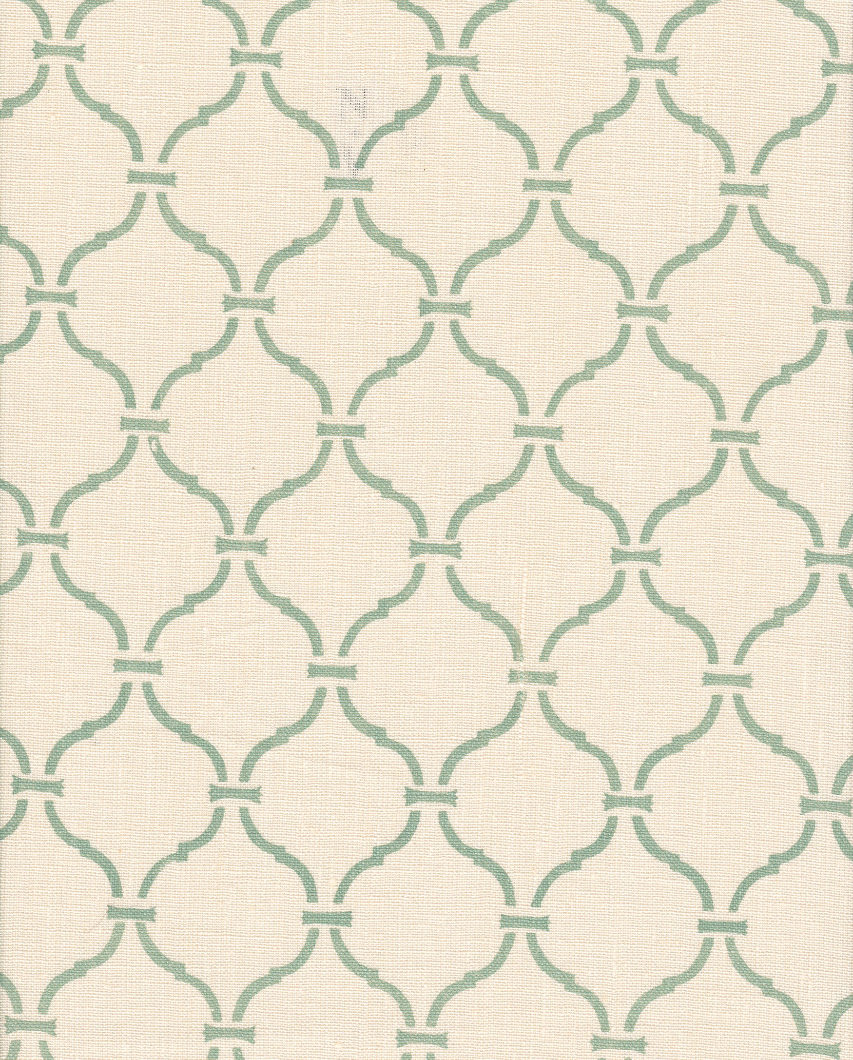 Detail of fabric in a curvilinear lattice print in turquoise on a cream field.