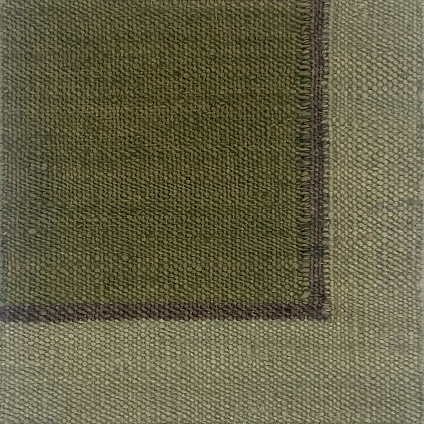 Close up of a flatweave rug in green with a brown and grey border. 