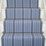 Striped flatweave runner in blue and periwinkle on white staircase