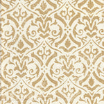 Detail of fabric in a botanical damask print in light brown on a cream field.