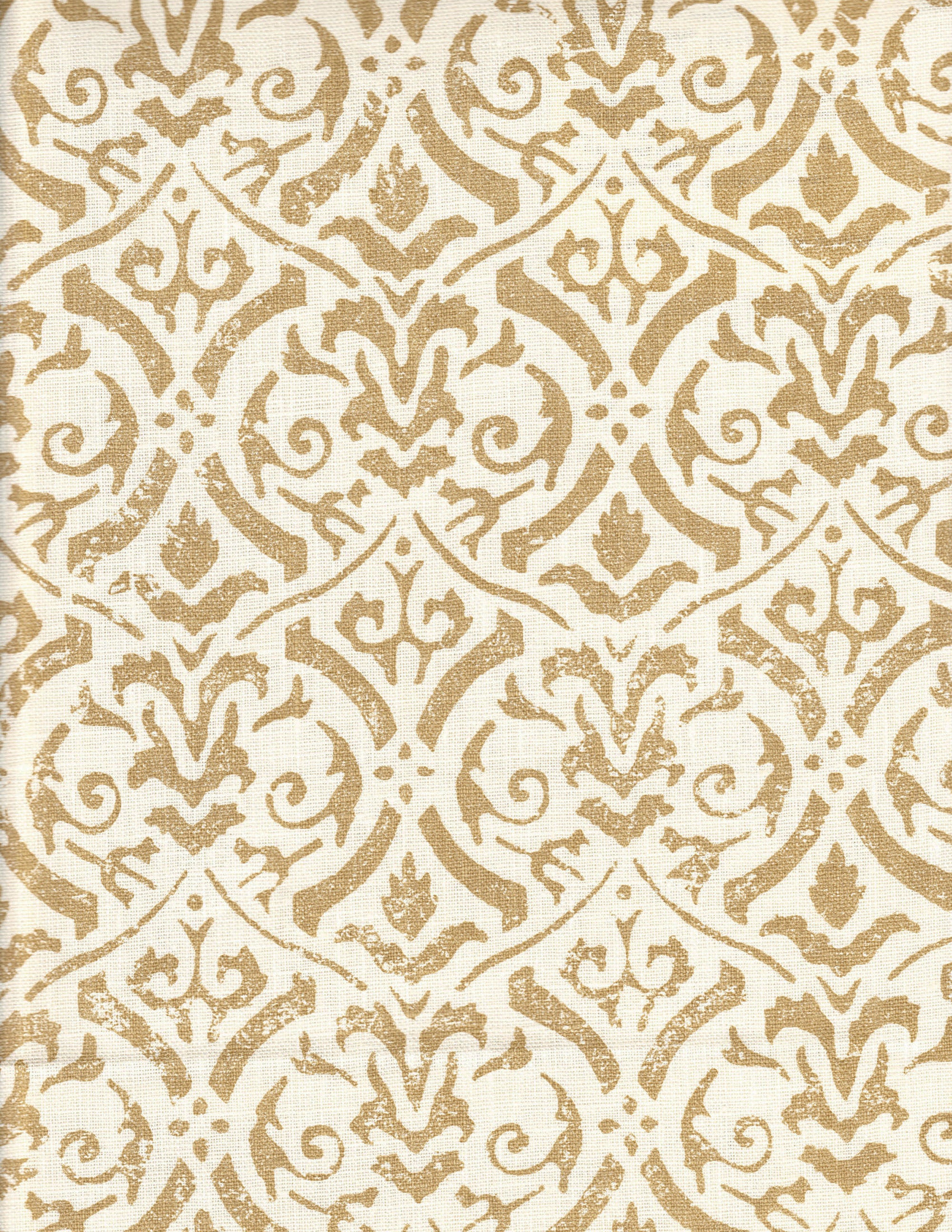 Detail of fabric in a botanical damask print in light brown on a cream field.