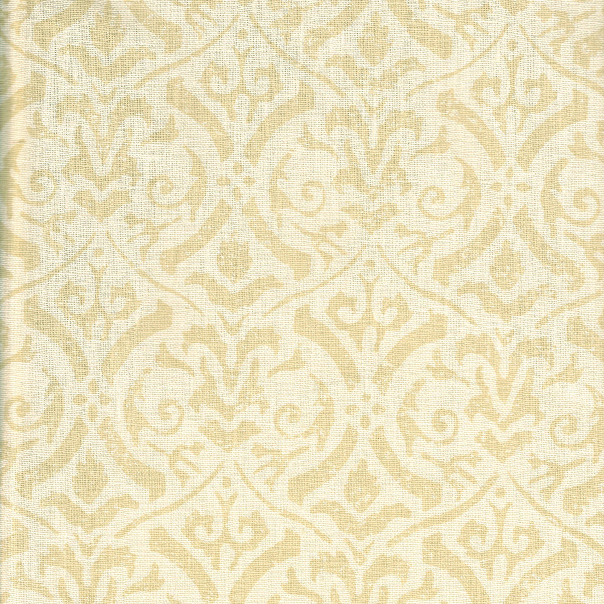 Detail of fabric in a botanical damask print in tan on a cream field.