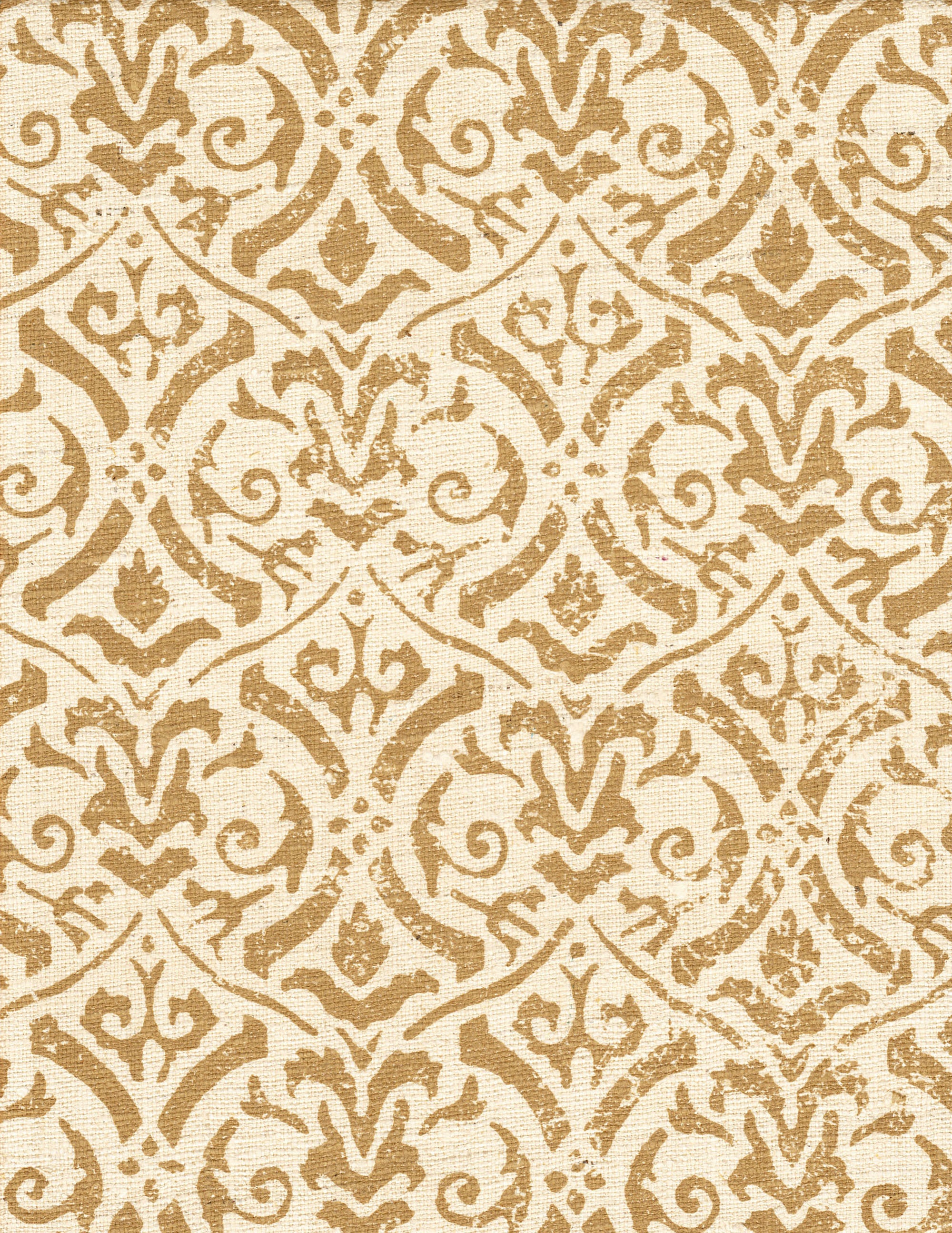 Detail of fabric in a botanical damask print in light brown on a cream field.