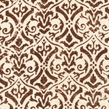 Detail of fabric in a botanical damask print in dark brown on a cream field.