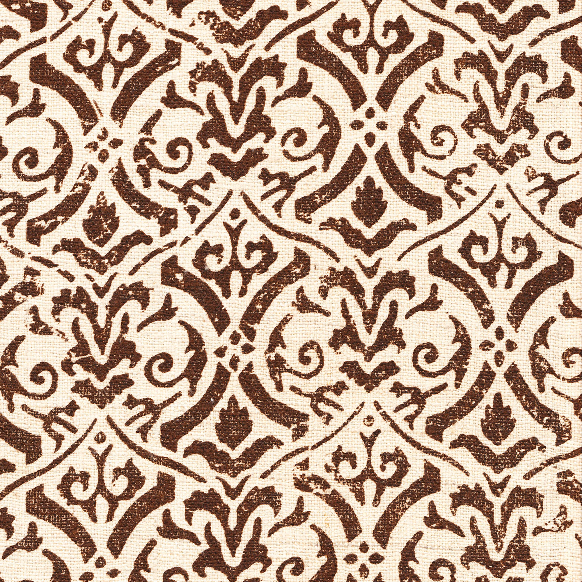 Detail of fabric in a botanical damask print in dark brown on a cream field.