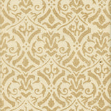 Detail of wallpaper in a botanical damask print in tan on a cream field.