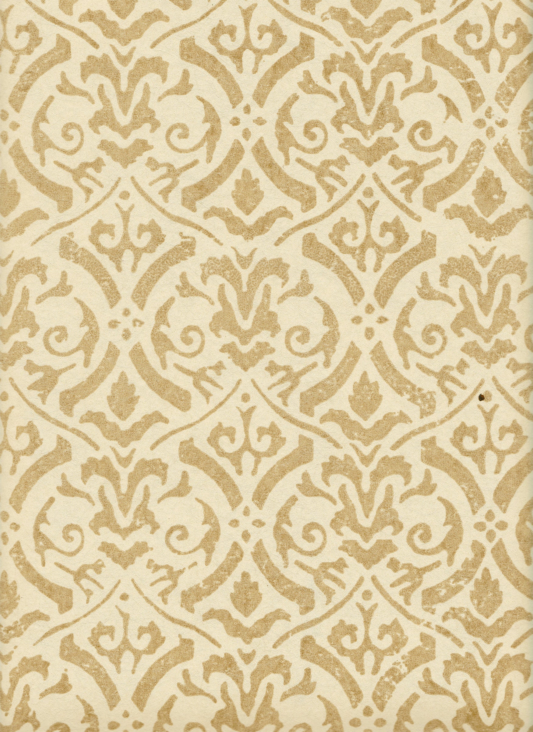 Detail of wallpaper in a botanical damask print in tan on a cream field.