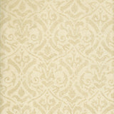 Detail of wallpaper in a botanical damask print in shades of cream.