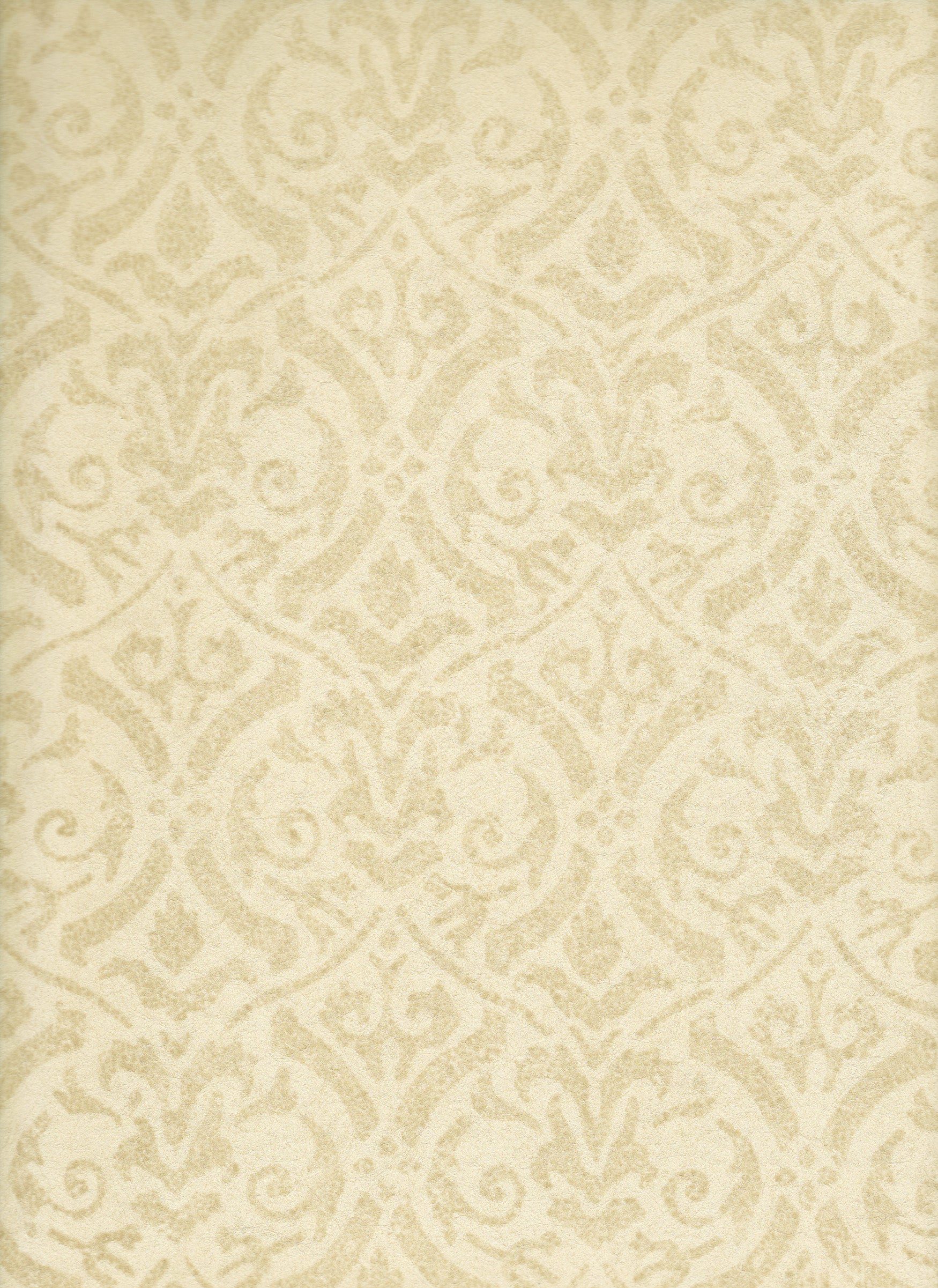 Detail of wallpaper in a botanical damask print in shades of cream.