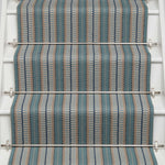 Striped flatweave runner in tan and blue on white staircase