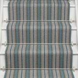 Striped flatweave runner in tan and blue on white staircase