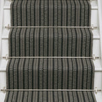 Striped flatweave runner in black and white on white staircase