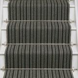 Striped flatweave runner in black and white on white staircase