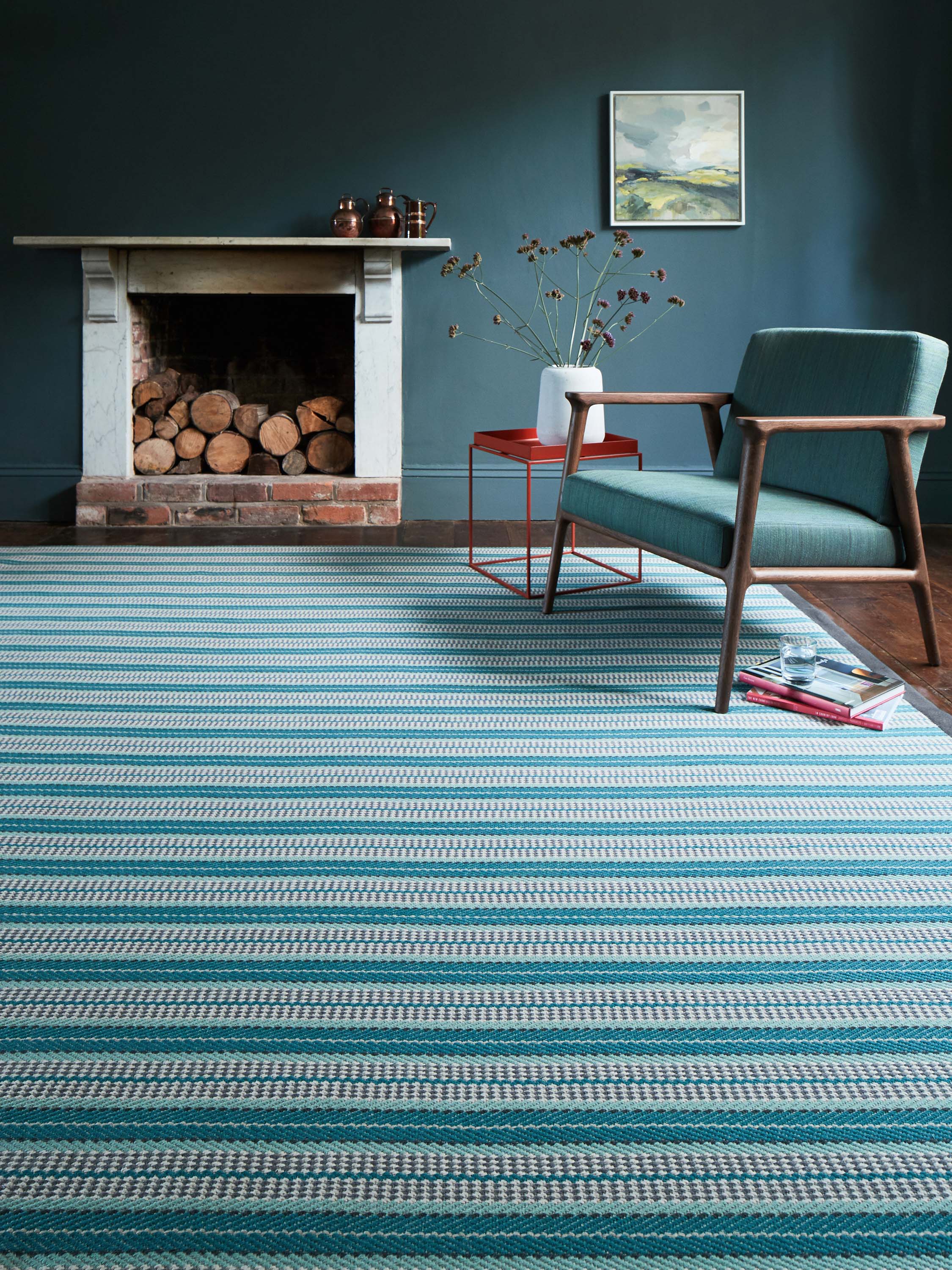 Striped flatweave runner in blue and grey