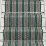 Striped flatweave runner in blue and grey on white staircase