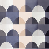 Detail of wallpaper in a curvy geometric print in shades of white, tan, purple and gray.