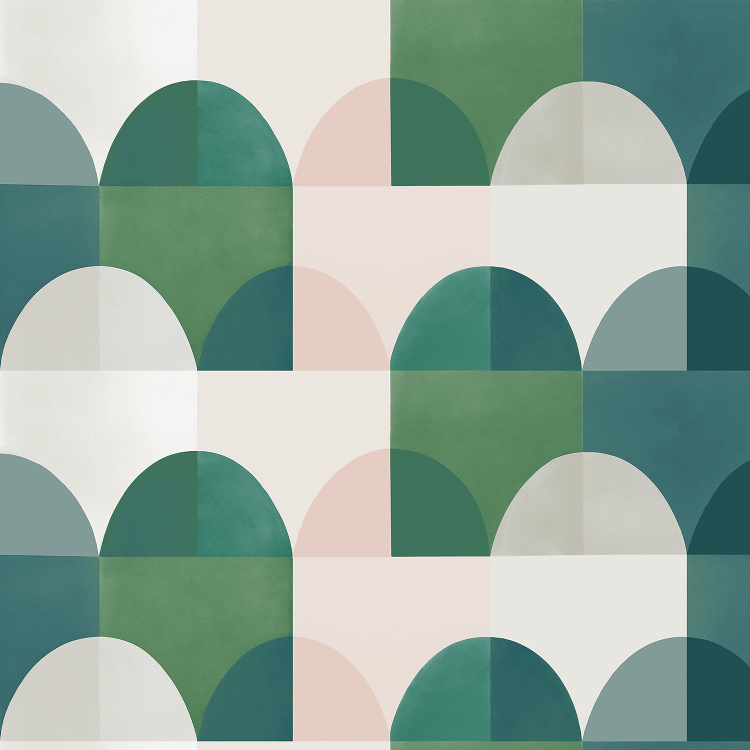 Detail of wallpaper in a curvy geometric print in shades of white, pink, blue and green.