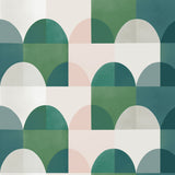 Detail of wallpaper in a curvy geometric print in shades of white, pink, blue and green.