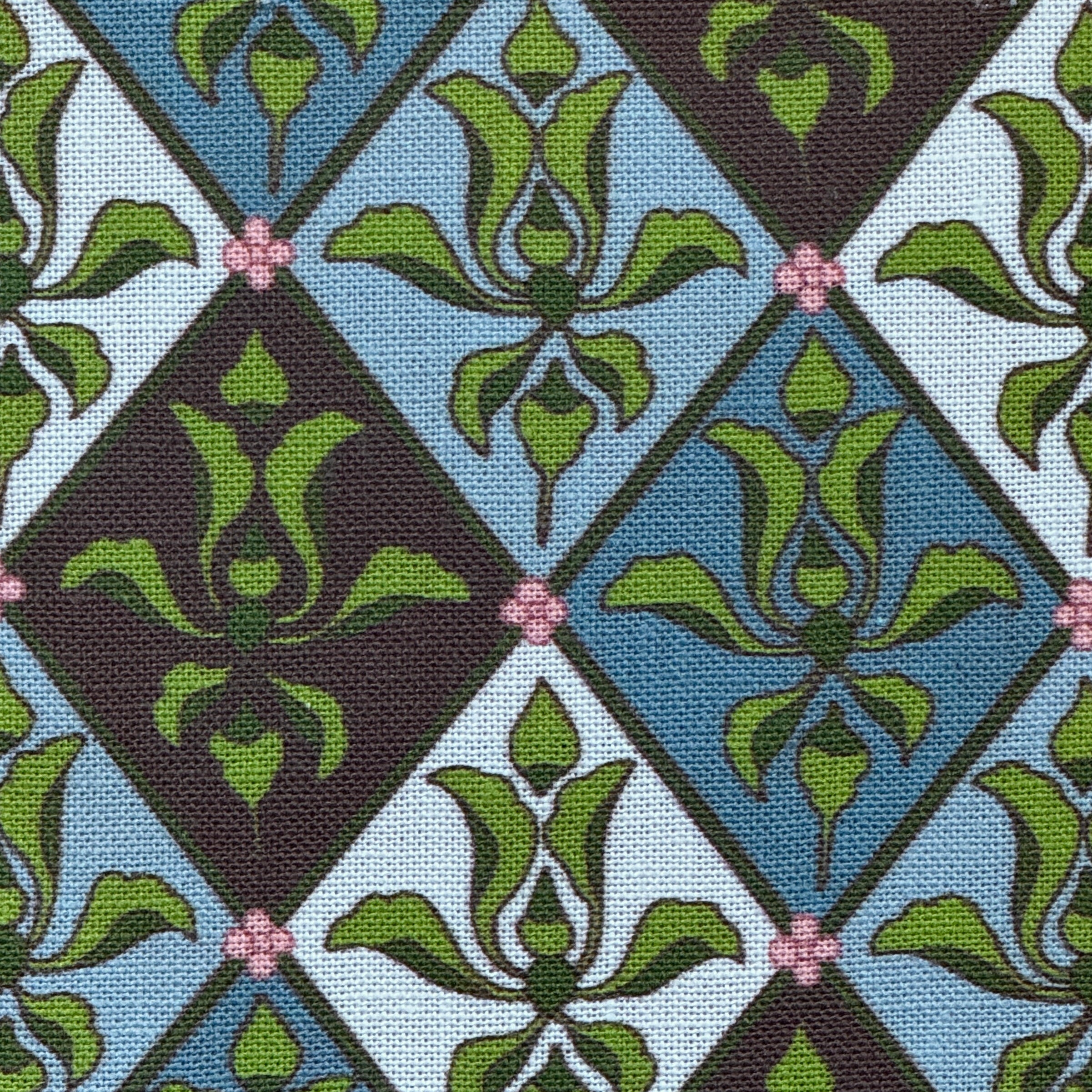 Patterned fabric with green and blue design in a lattice design. 