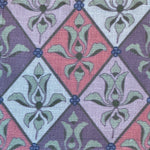 Patterned fabric with a diamond design featuring green leaves on a purple and pink background