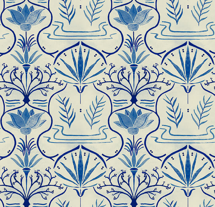 Detail of wallpaper in an intricate floral lattice print in shades of blue on a cream field.