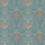 Detail of wallpaper in an intricate floral lattice print in shades of green and coral on a blue-gray field.