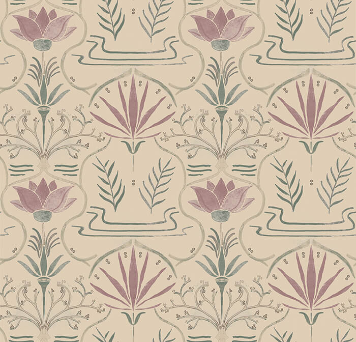 Detail of wallpaper in an intricate floral lattice print in shades of green and purple on a cream field.