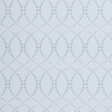 Wallpaper in a playful floral lattice print in aqua blue and tan on a white field.