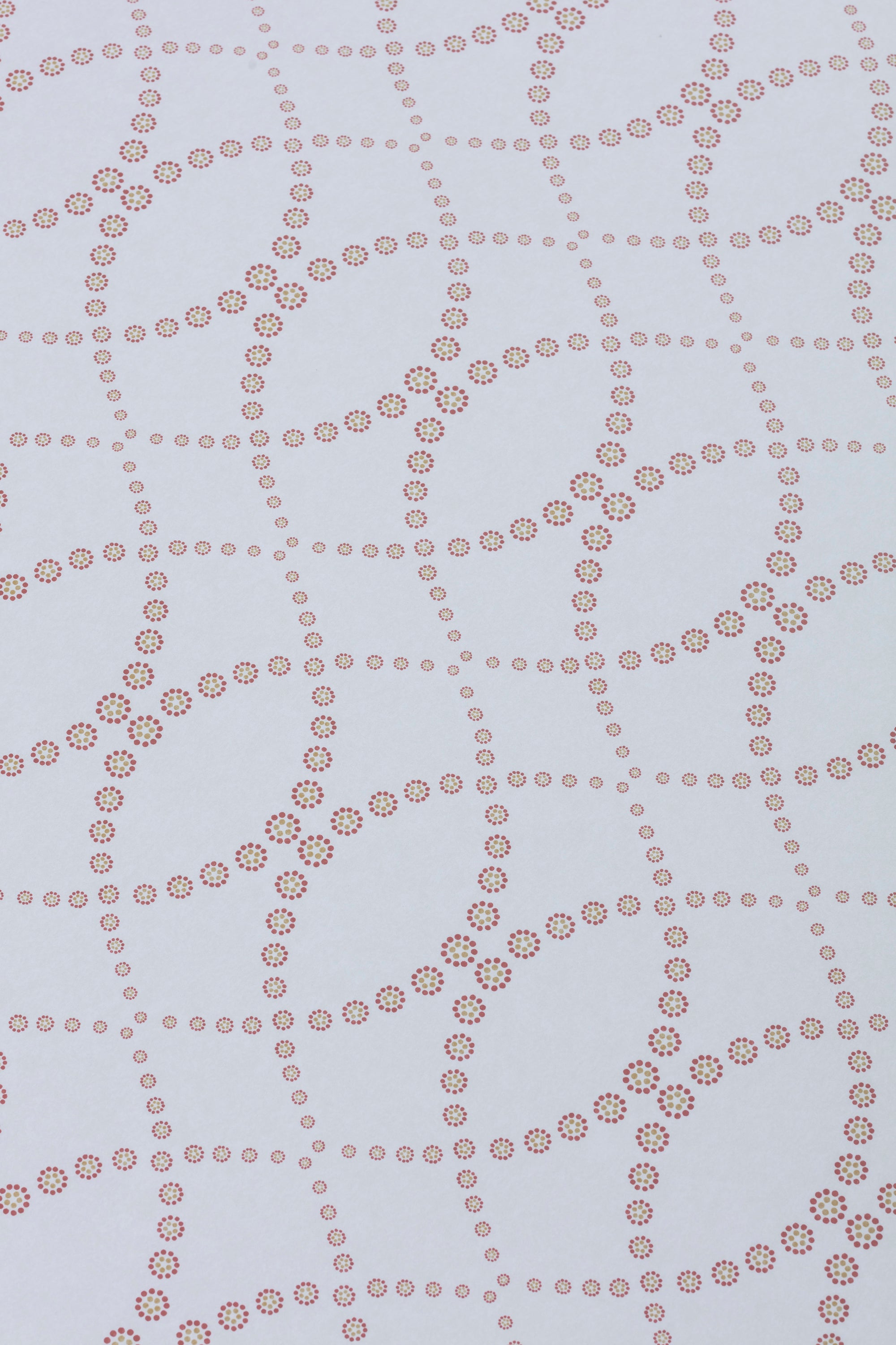 Detail of a wallpaper in a playful floral lattice print in tan and rust red on a white field.