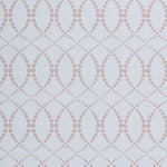 Wallpaper in a playful floral lattice print in tan and rust red on a white field.