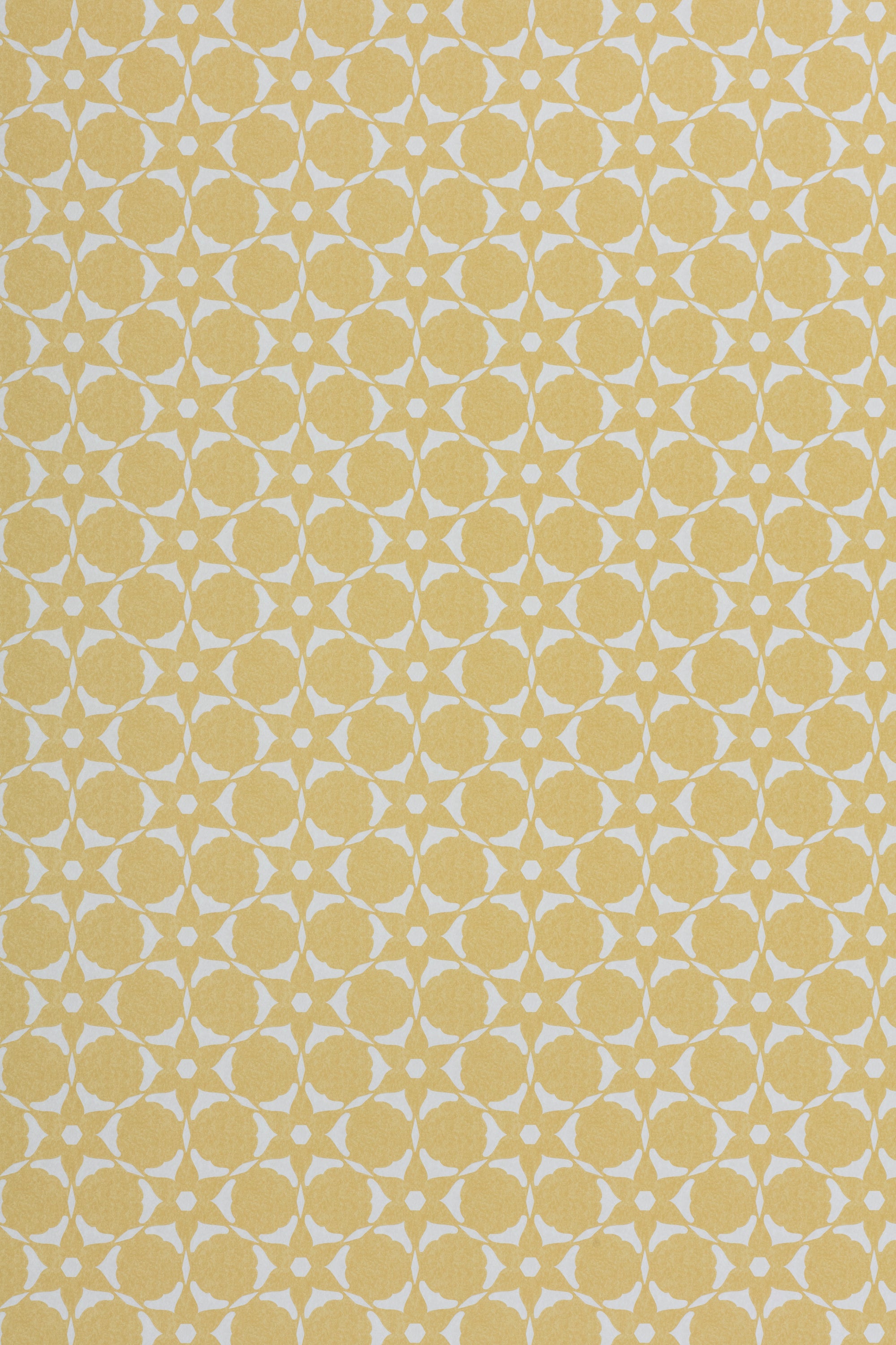 Wallpaper in a floral lattice print in  cream on a yellow field
