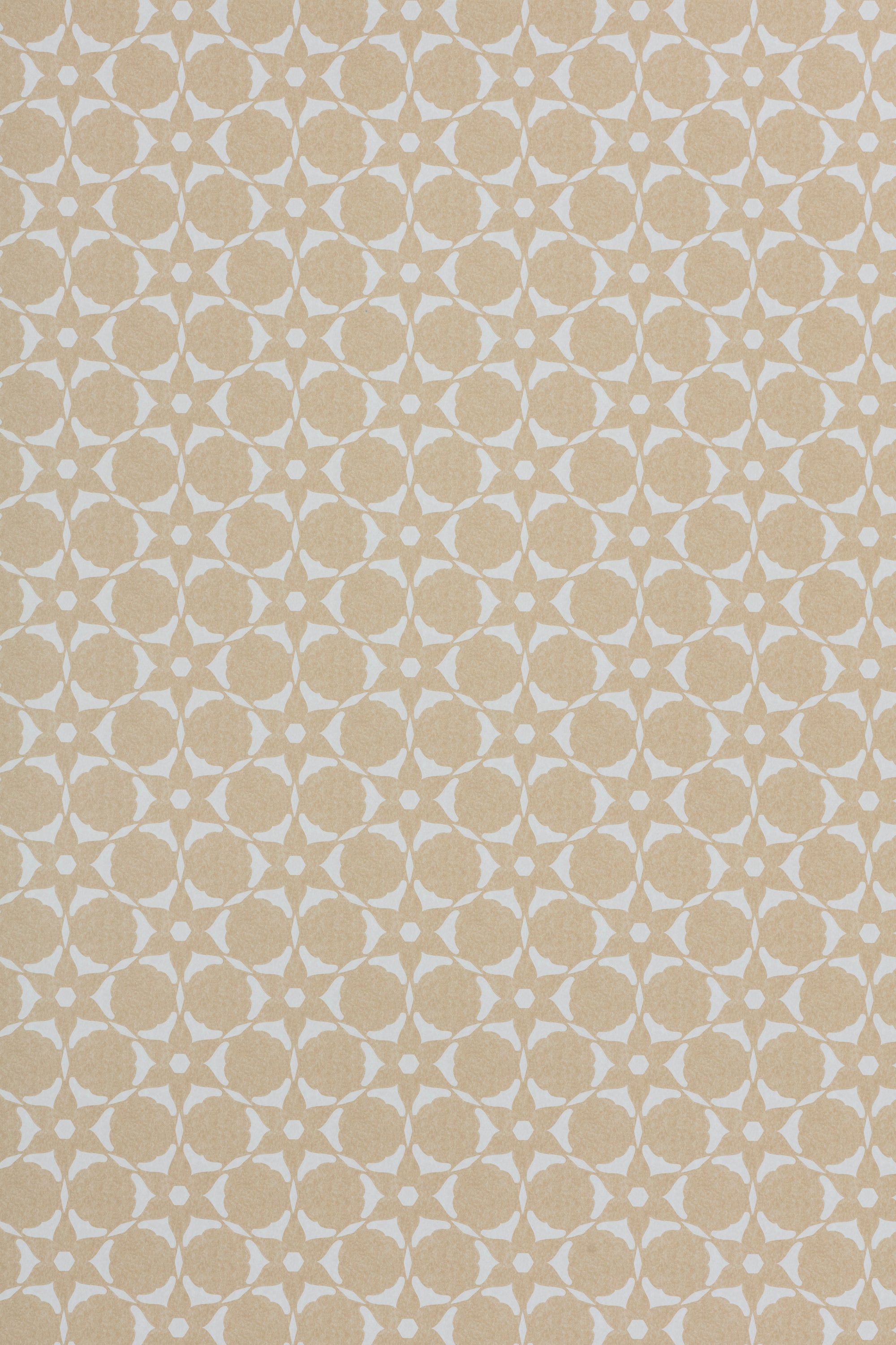 Wallpaper in a floral lattice print in cream on a tan field