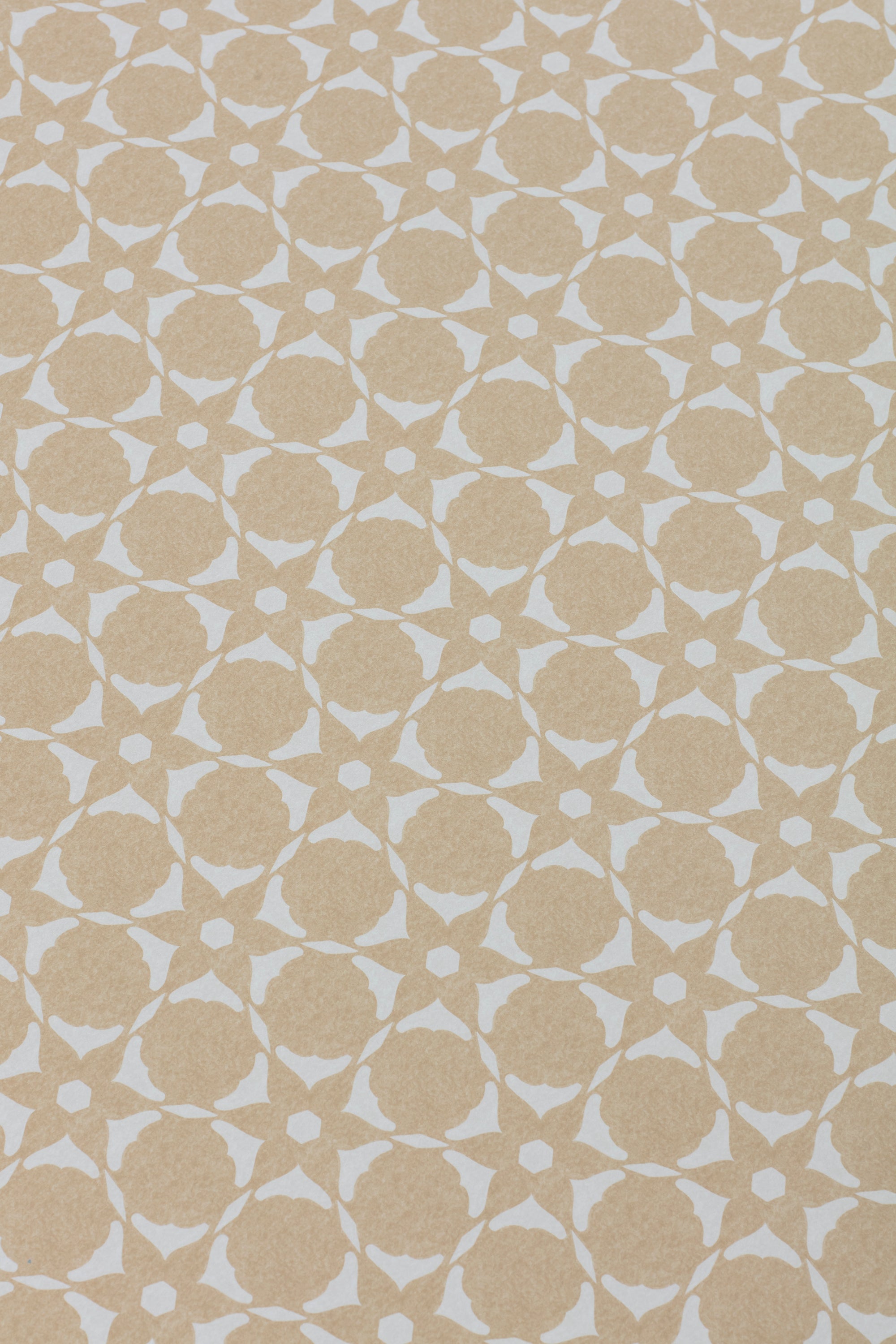 Wallpaper detail in a floral lattice print in cream on a tan field.