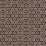 Wallpaper in a floral lattice print in navy on a kraft brown field