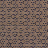 Wallpaper in a floral lattice print in navy on a kraft brown field