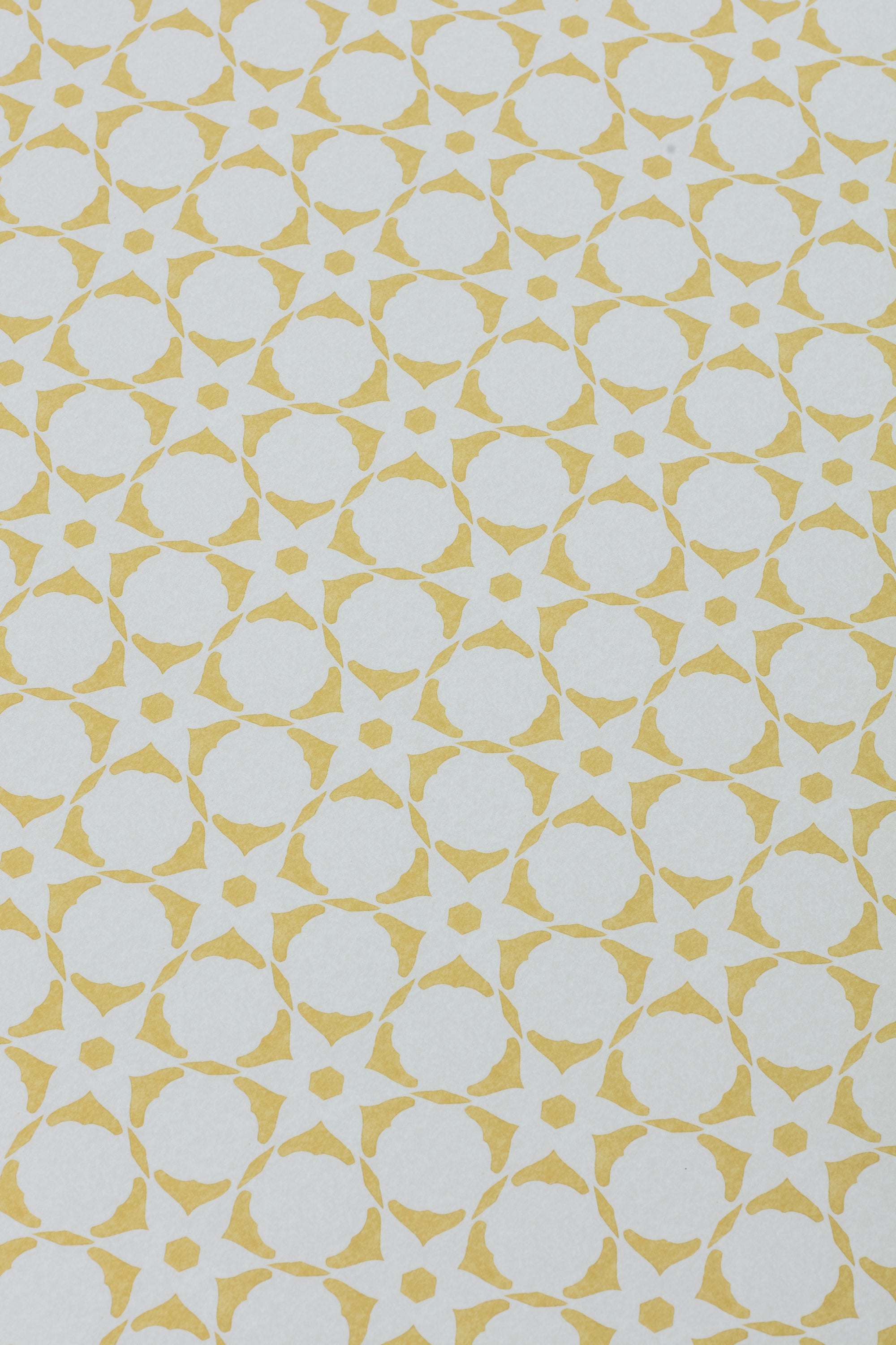 Wallpaper detail in a floral lattice print in  yellow on a cream field