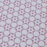 Wallpaper detail in a floral lattice print in  purple on a cream field.
