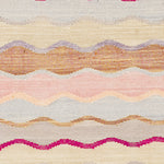 Flatweave Rug with wavy stripes of prink, orange, blue and tan.