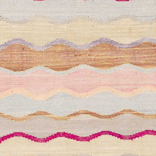 Flatweave Rug with wavy stripes of prink, orange, blue and tan.